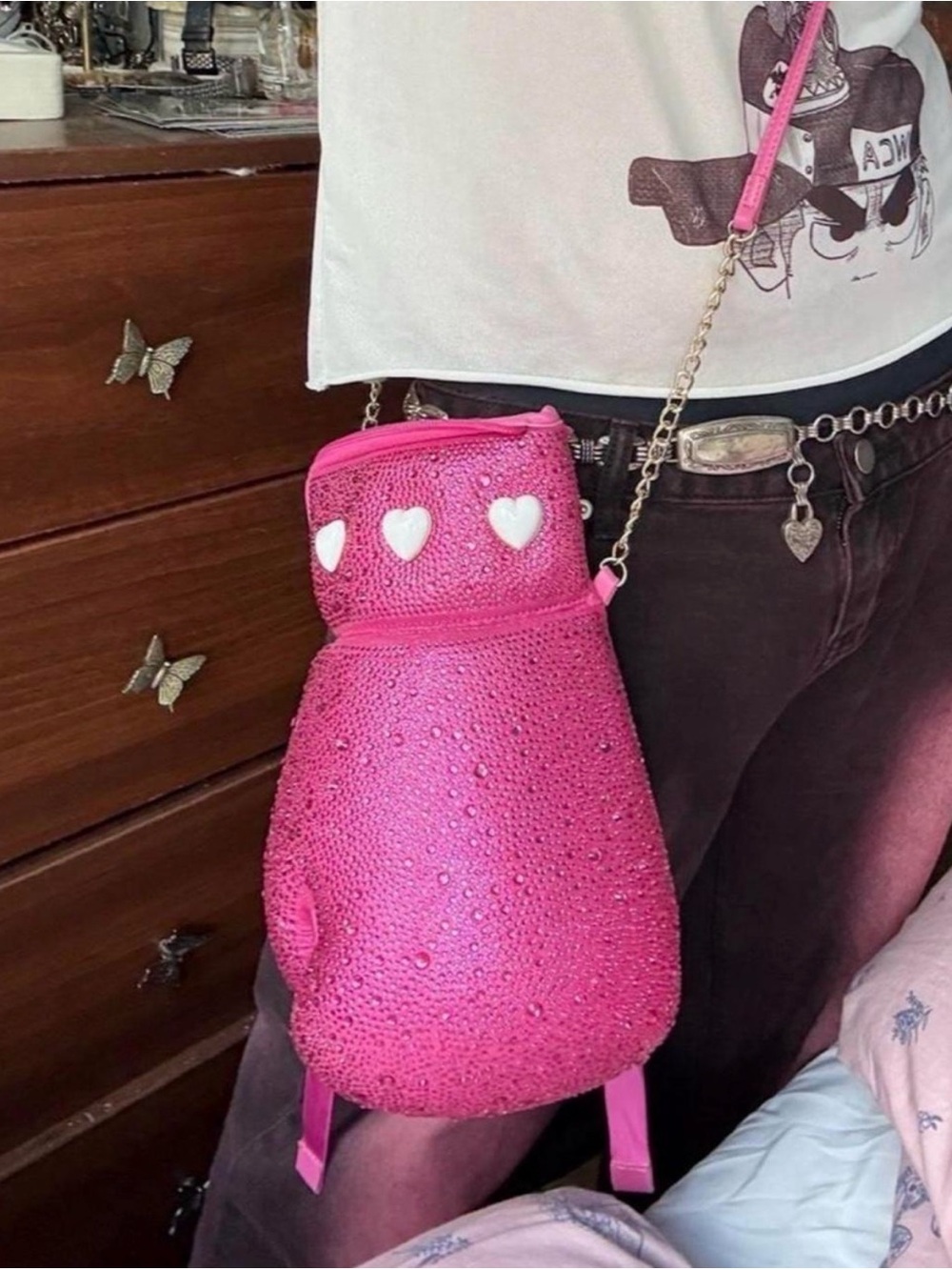 Betsey Johnson Hot Pink Rhinestone Boxing Glove Crossbody Bag - Picture 3 of 3